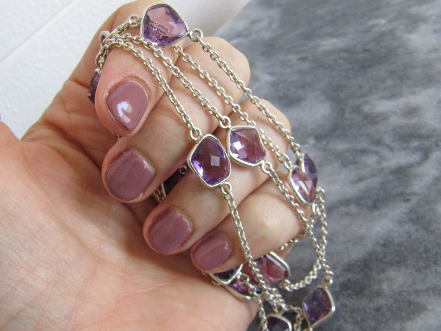 Silver Amethyst Station Necklace, Vintage Silver Checkerboard Cut Amethyst Sautoir