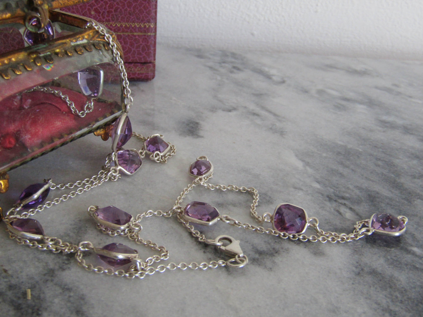 Silver Amethyst Station Necklace, Vintage Silver Checkerboard Cut Amethyst Sautoir