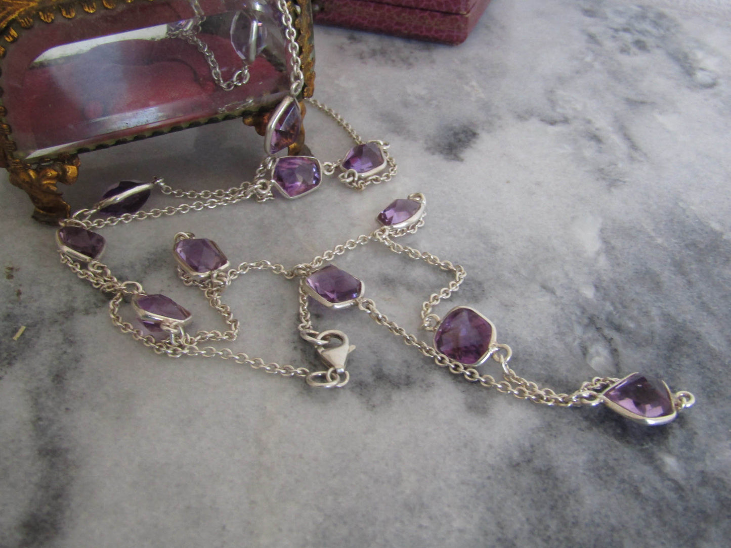 Silver Amethyst Station Necklace, Vintage Silver Checkerboard Cut Amethyst Sautoir