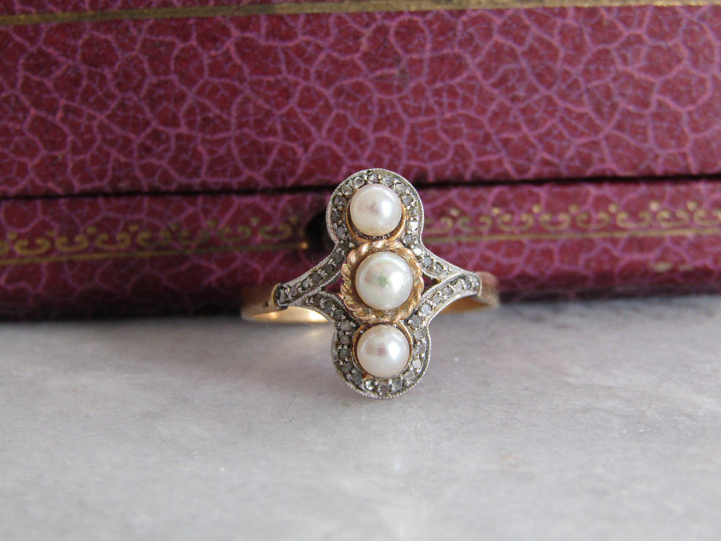 Edwardian Platinum and 18K Gold Pearl and Diamond Navette Ring, Antique French Marquise Engagement Ring c. 1910