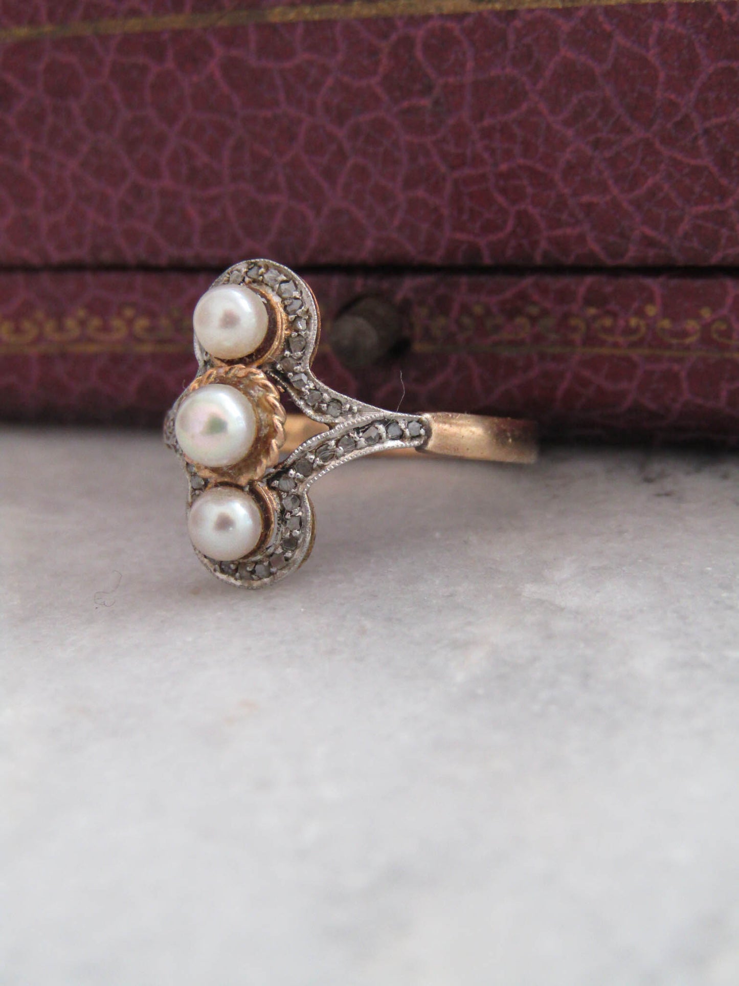 Edwardian Platinum and 18K Gold Pearl and Diamond Navette Ring, Antique French Marquise Engagement Ring c. 1910