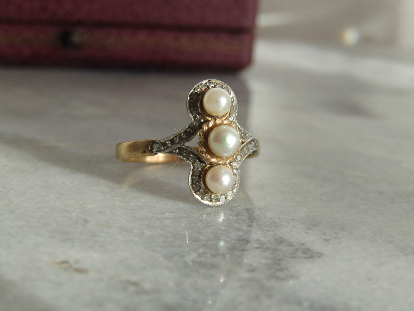 Edwardian Platinum and 18K Gold Pearl and Diamond Navette Ring, Antique French Marquise Engagement Ring c. 1910