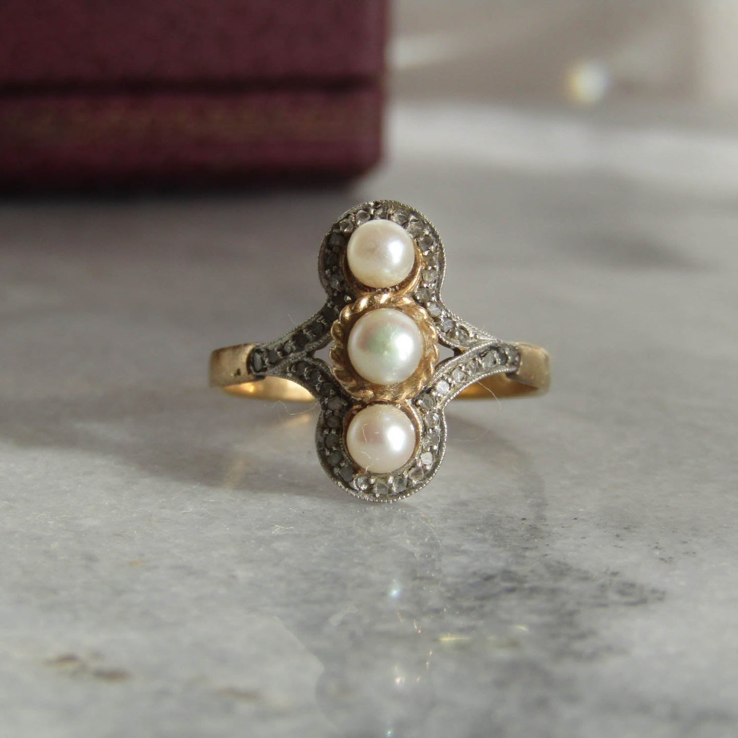 Edwardian Platinum and 18K Gold Pearl and Diamond Navette Ring, Antique French Marquise Engagement Ring c. 1910