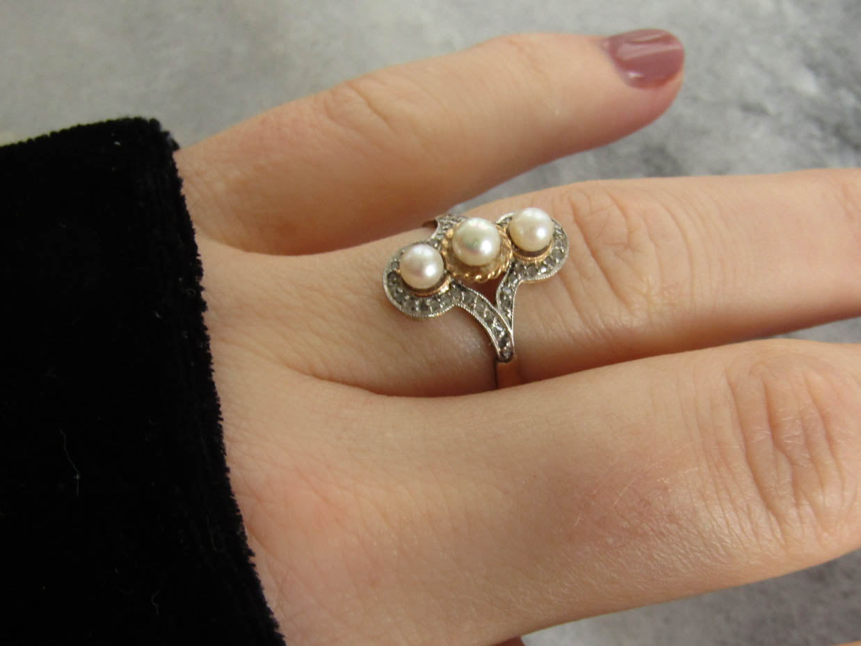 Edwardian Platinum and 18K Gold Pearl and Diamond Navette Ring, Antique French Marquise Engagement Ring c. 1910