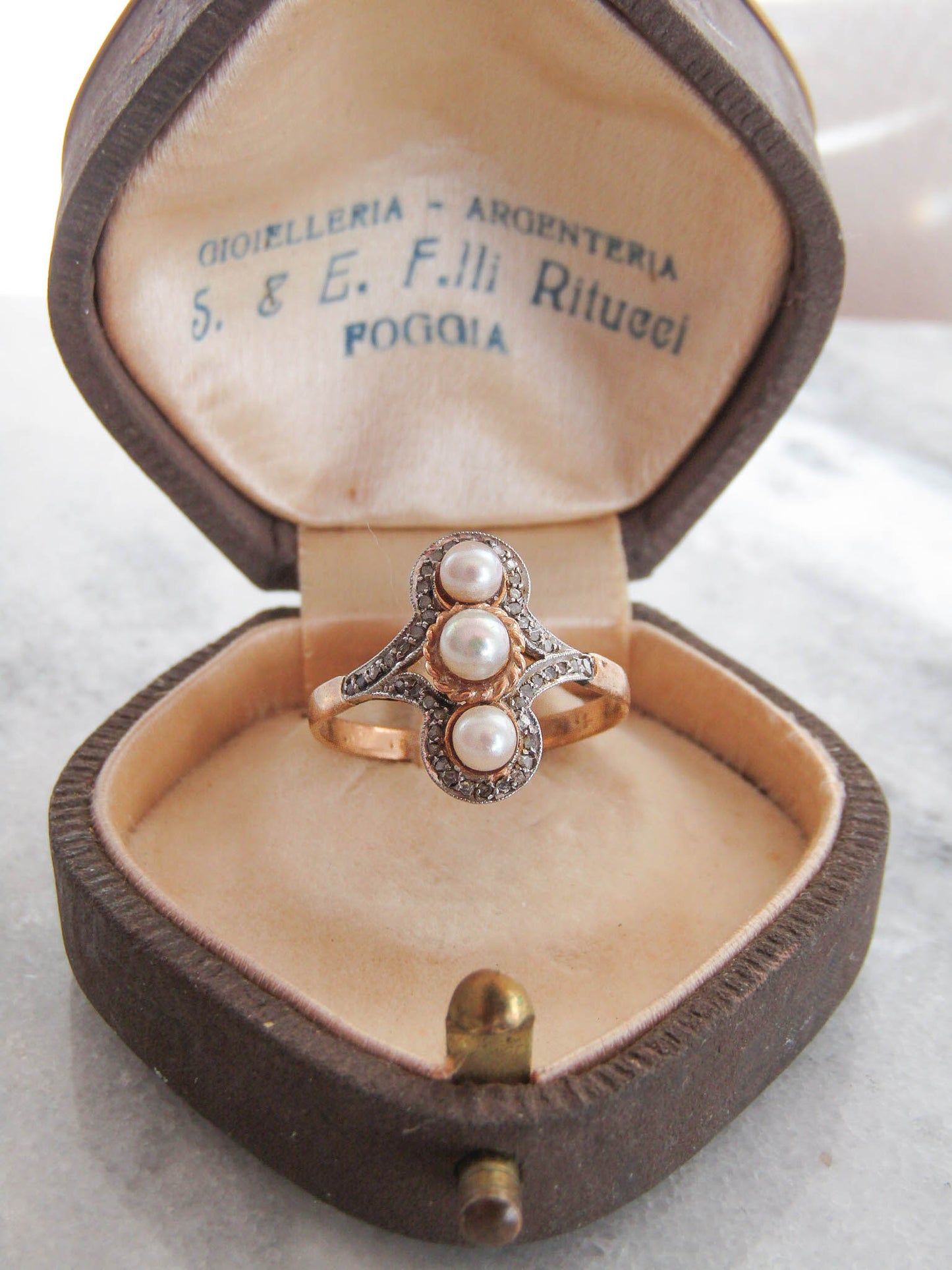 Edwardian Platinum and 18K Gold Pearl and Diamond Navette Ring, Antique French Marquise Engagement Ring c. 1910