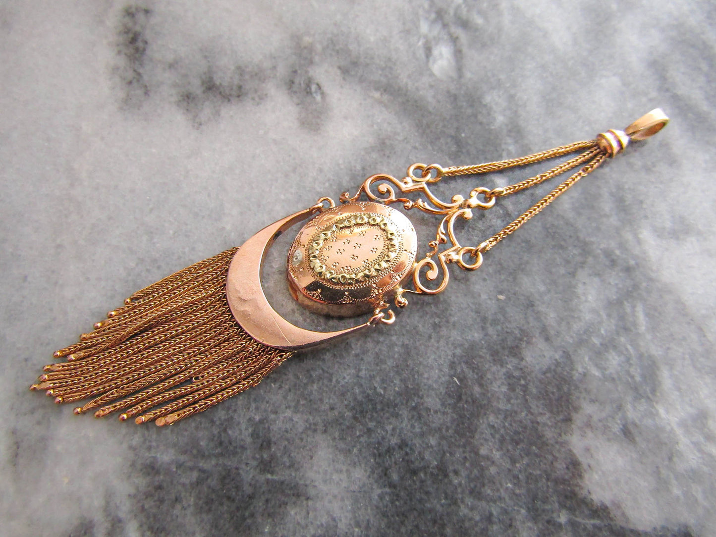 Antique 18K Rose Gold French Napoleon III Fringe Pendant, Large Gold Antique Belle Epoque Pendant c. 1870