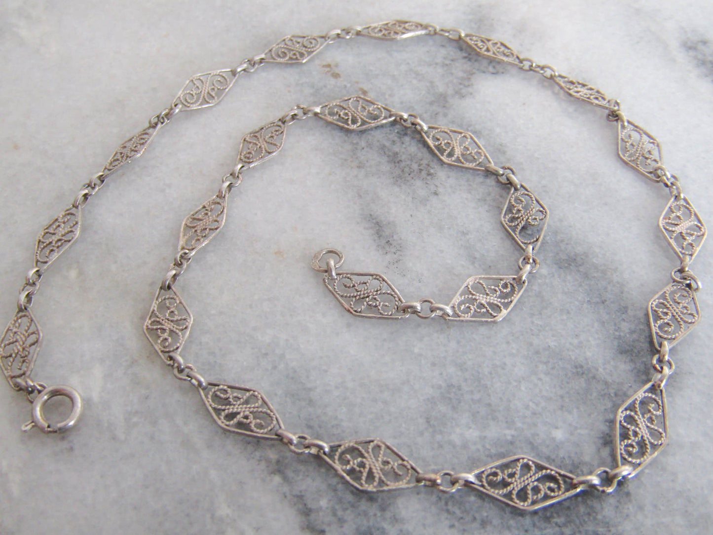 Antique Silver Filigree Choker Necklace, Vintage Art Nouveau Silver Filigree Chain c. 1900