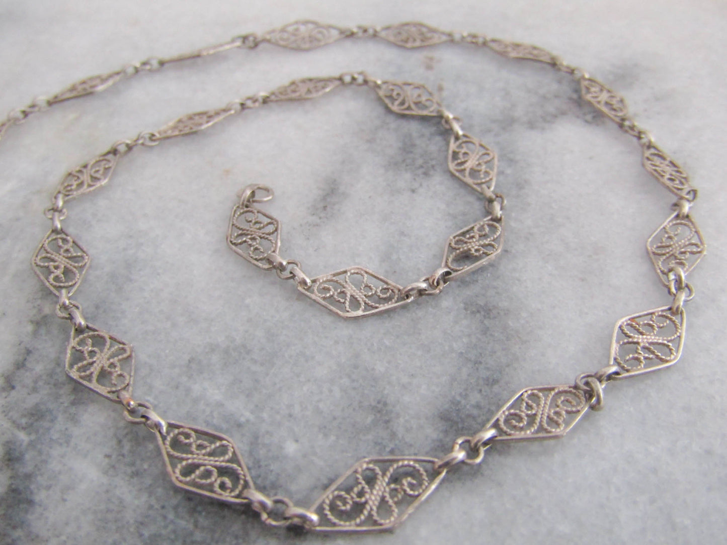 Antique Silver Filigree Choker Necklace, Vintage Art Nouveau Silver Filigree Chain c. 1900