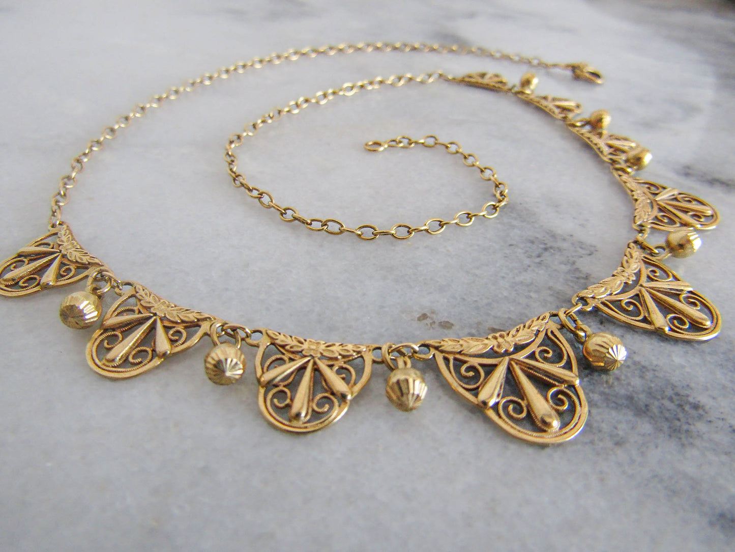 Art Nouveau 18K Gold Drapery Necklace with Gold Spheres, Antique French Filigree Necklace c.1910