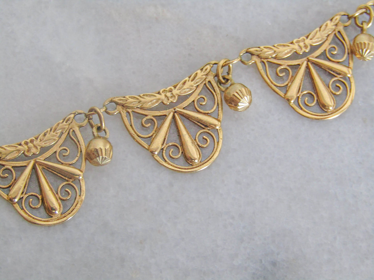 Art Nouveau 18K Gold Drapery Necklace with Gold Spheres, Antique French Filigree Necklace c.1910