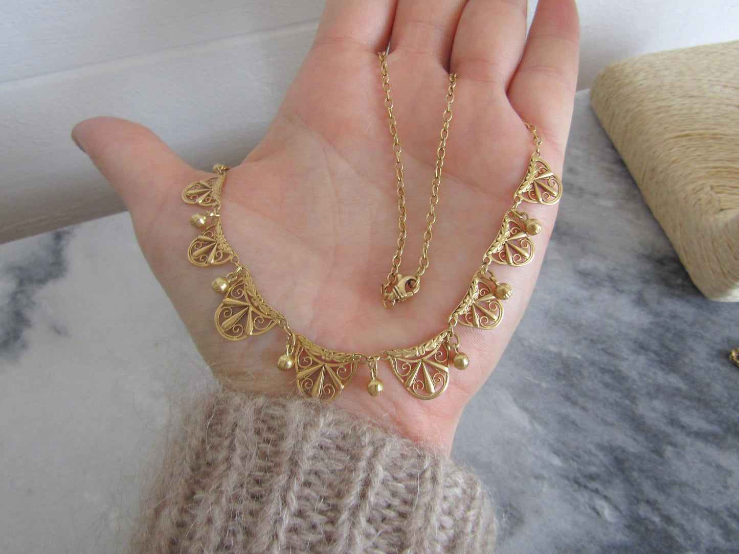 Art Nouveau 18K Gold Drapery Necklace with Gold Spheres, Antique French Filigree Necklace c.1910