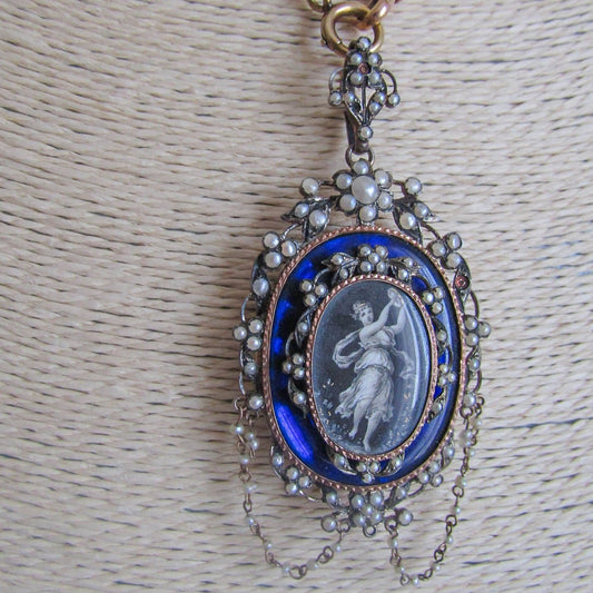 Silver Napoleon III Pendant Locket, XIX Century LARGE Seed Pearl and Enamel Hand Painted Pendant c.1870