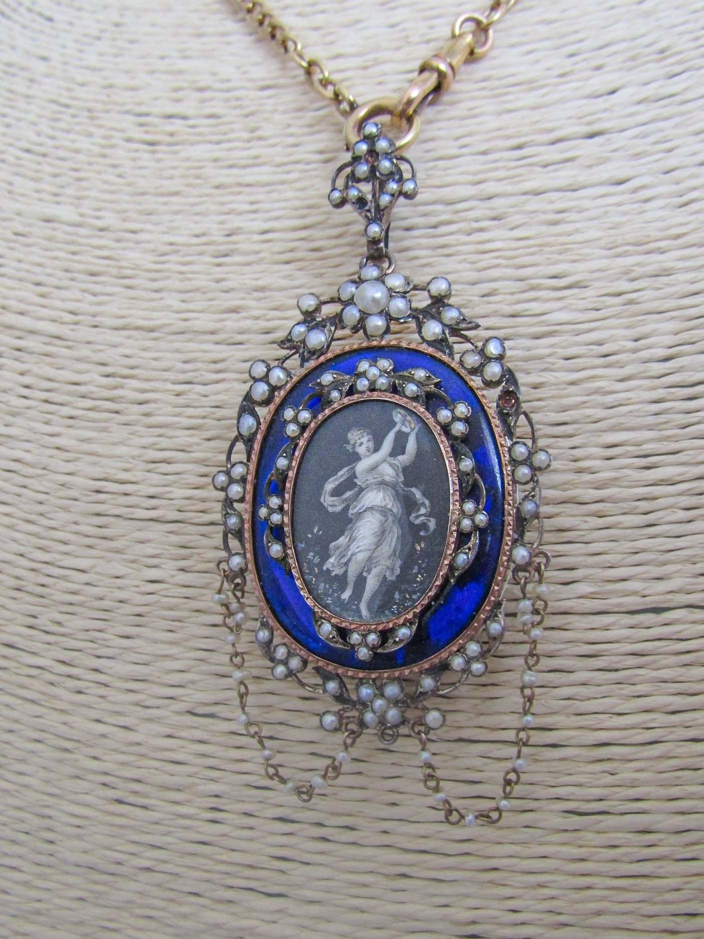 Silver Napoleon III Pendant Locket, XIX Century LARGE Seed Pearl and Enamel Hand Painted Pendant c.1870