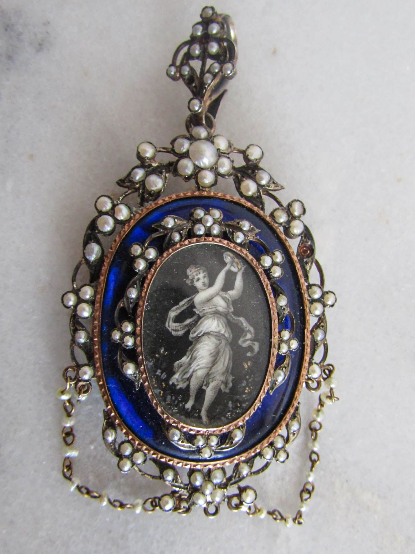 Silver Napoleon III Pendant Locket, XIX Century LARGE Seed Pearl and Enamel Hand Painted Pendant c.1870