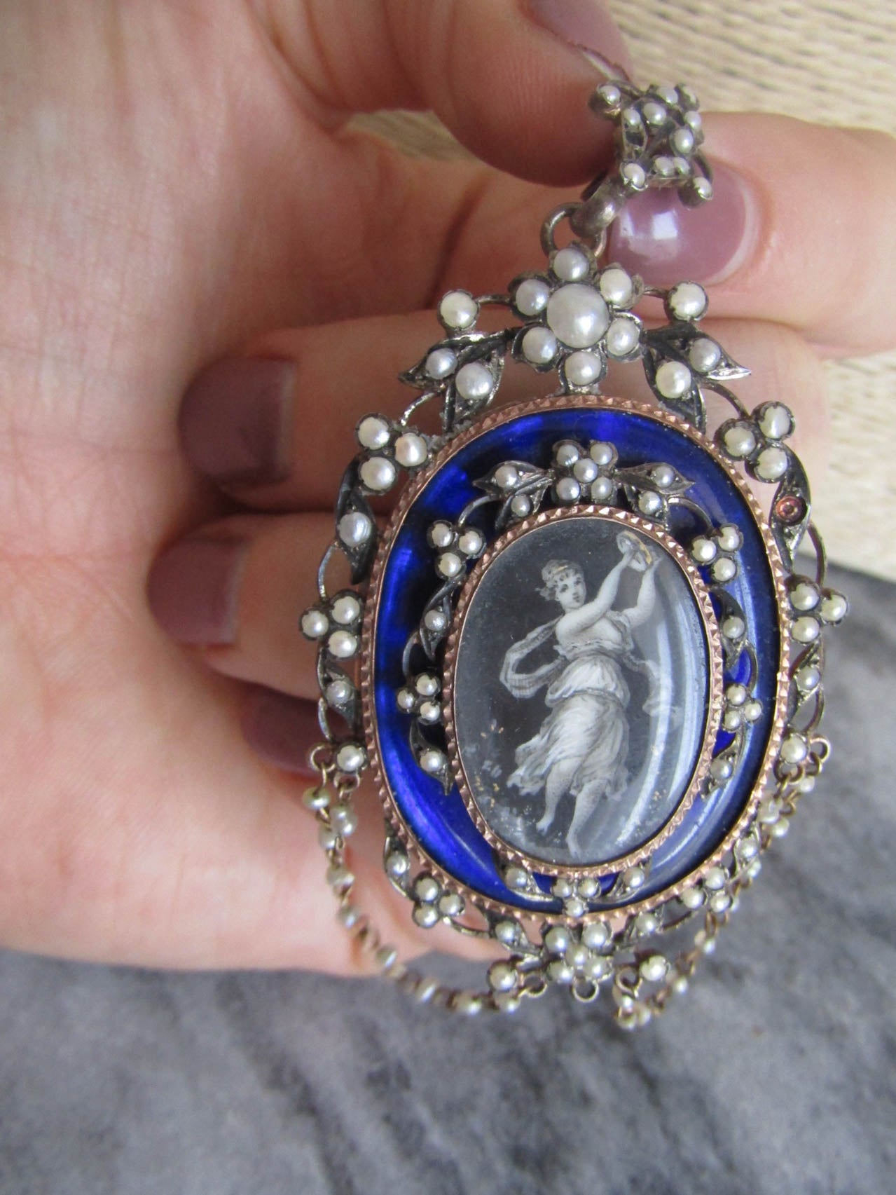 Silver Napoleon III Pendant Locket, XIX Century LARGE Seed Pearl and Enamel Hand Painted Pendant c.1870