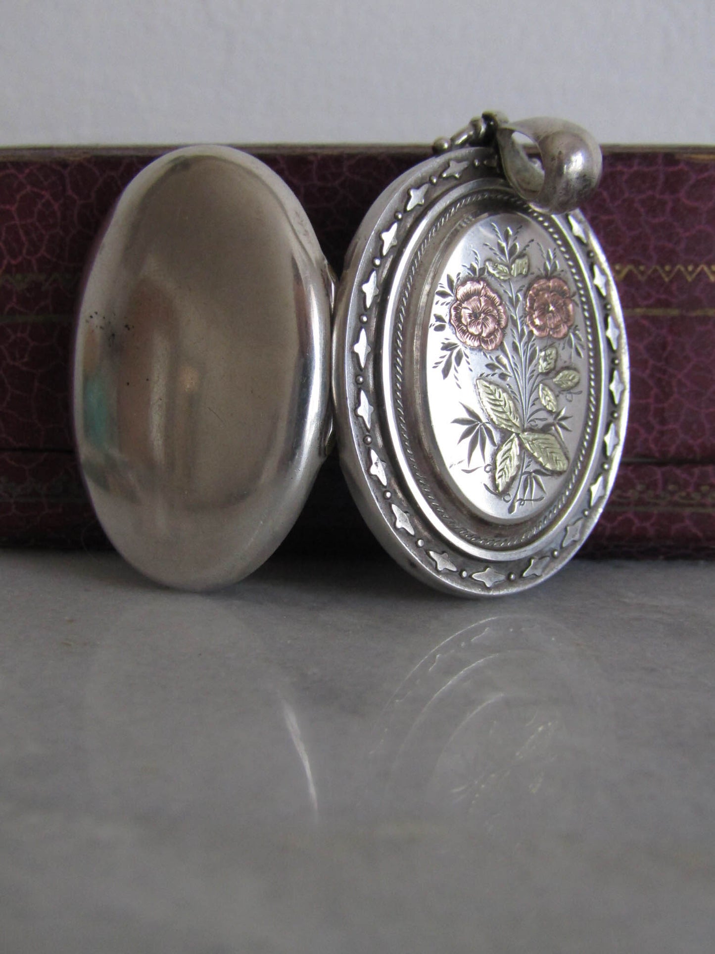 Victorian Silver Aesthetic Locket With Rose Gold and Green Gold, Antique XIX Century Floral Locket c. 1880