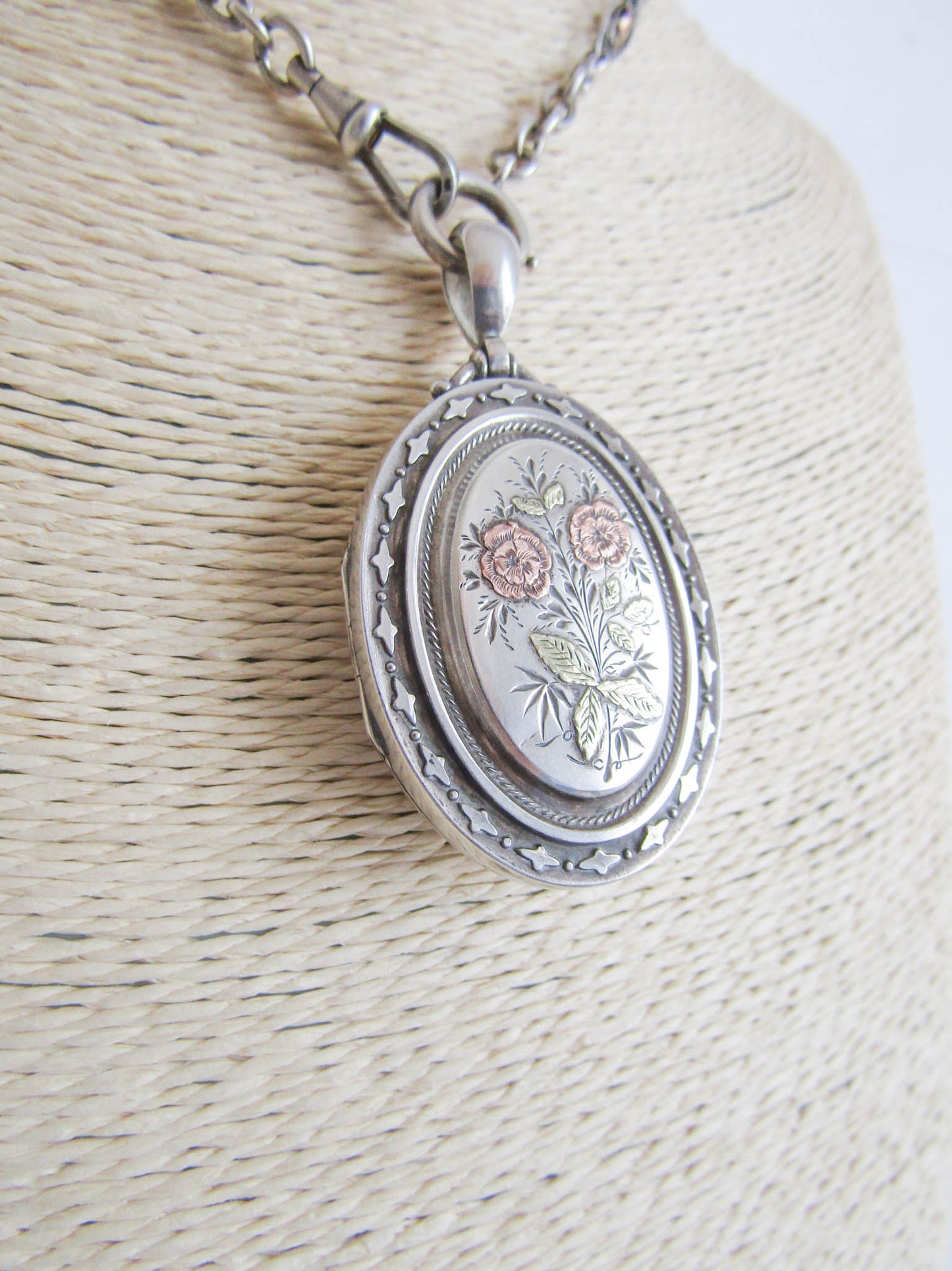 Victorian Silver Aesthetic Locket With Rose Gold and Green Gold, Antique XIX Century Floral Locket c. 1880