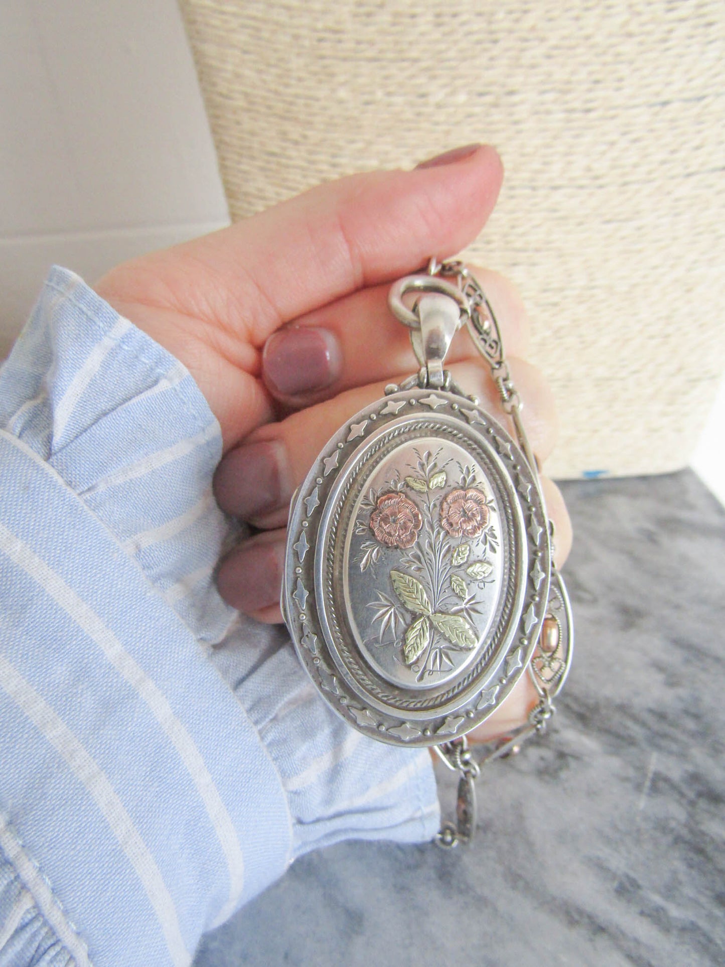 Victorian Silver Aesthetic Locket With Rose Gold and Green Gold, Antique XIX Century Floral Locket c. 1880