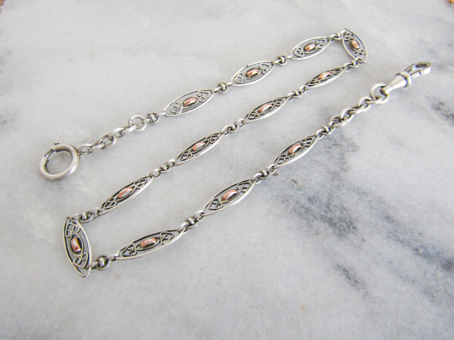 Silver Filigree Gold Fill Watch Chain, Antique French Victorian Watch Chain with Dog Clip Clasp and Spring Ring