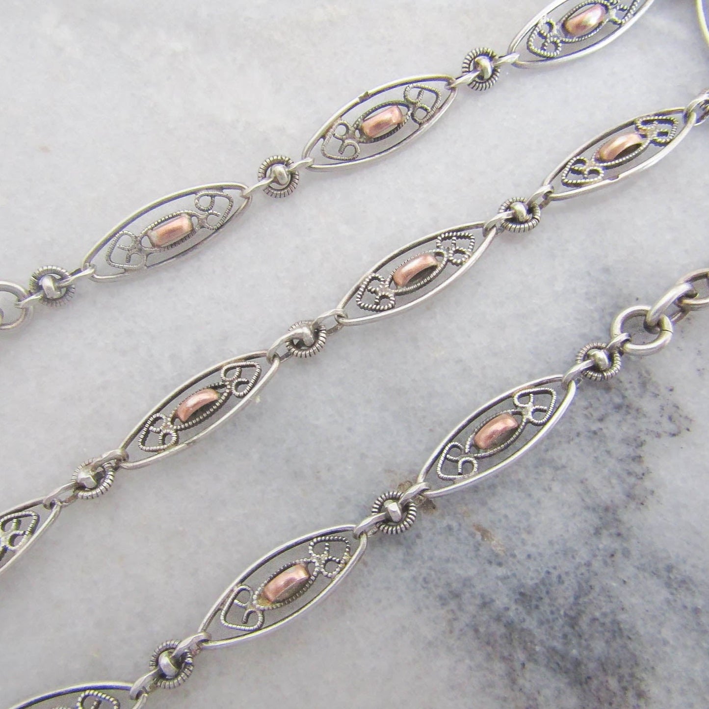 Silver Filigree Gold Fill Watch Chain, Antique French Victorian Watch Chain with Dog Clip Clasp and Spring Ring