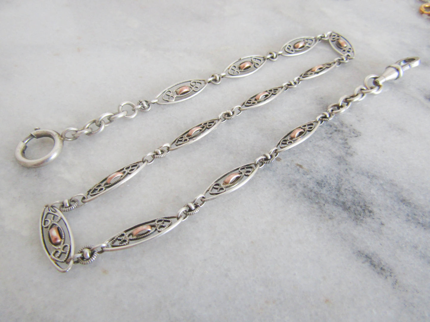 Silver Filigree Gold Fill Watch Chain, Antique French Victorian Watch Chain with Dog Clip Clasp and Spring Ring