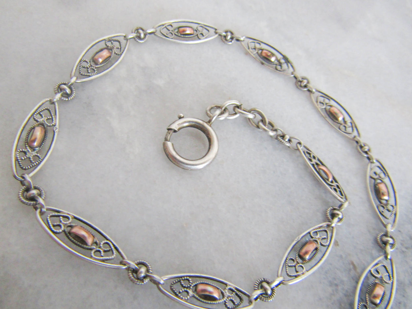 Silver Filigree Gold Fill Watch Chain, Antique French Victorian Watch Chain with Dog Clip Clasp and Spring Ring