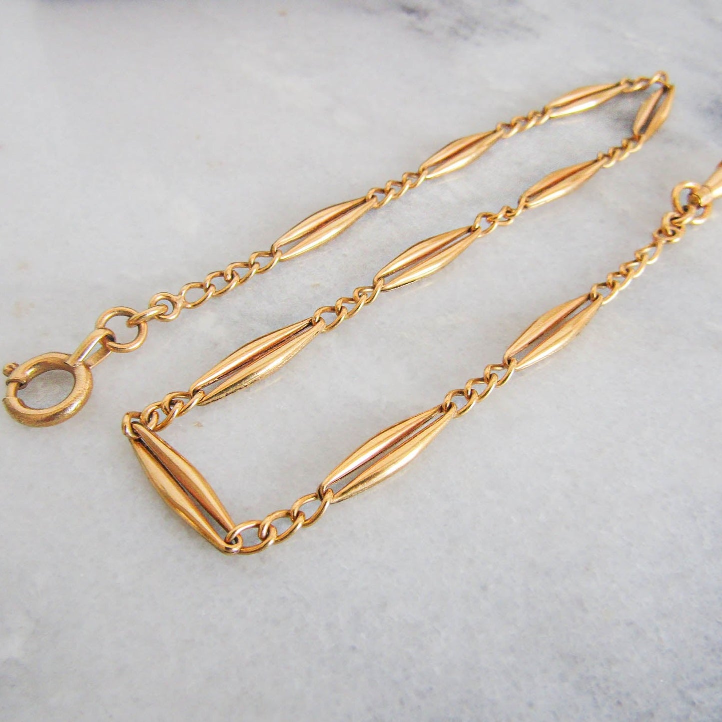 Gold Filled Art Deco Watch Chain, Vintage French Necklace with Dog Clip Clasp and Bolt Ring