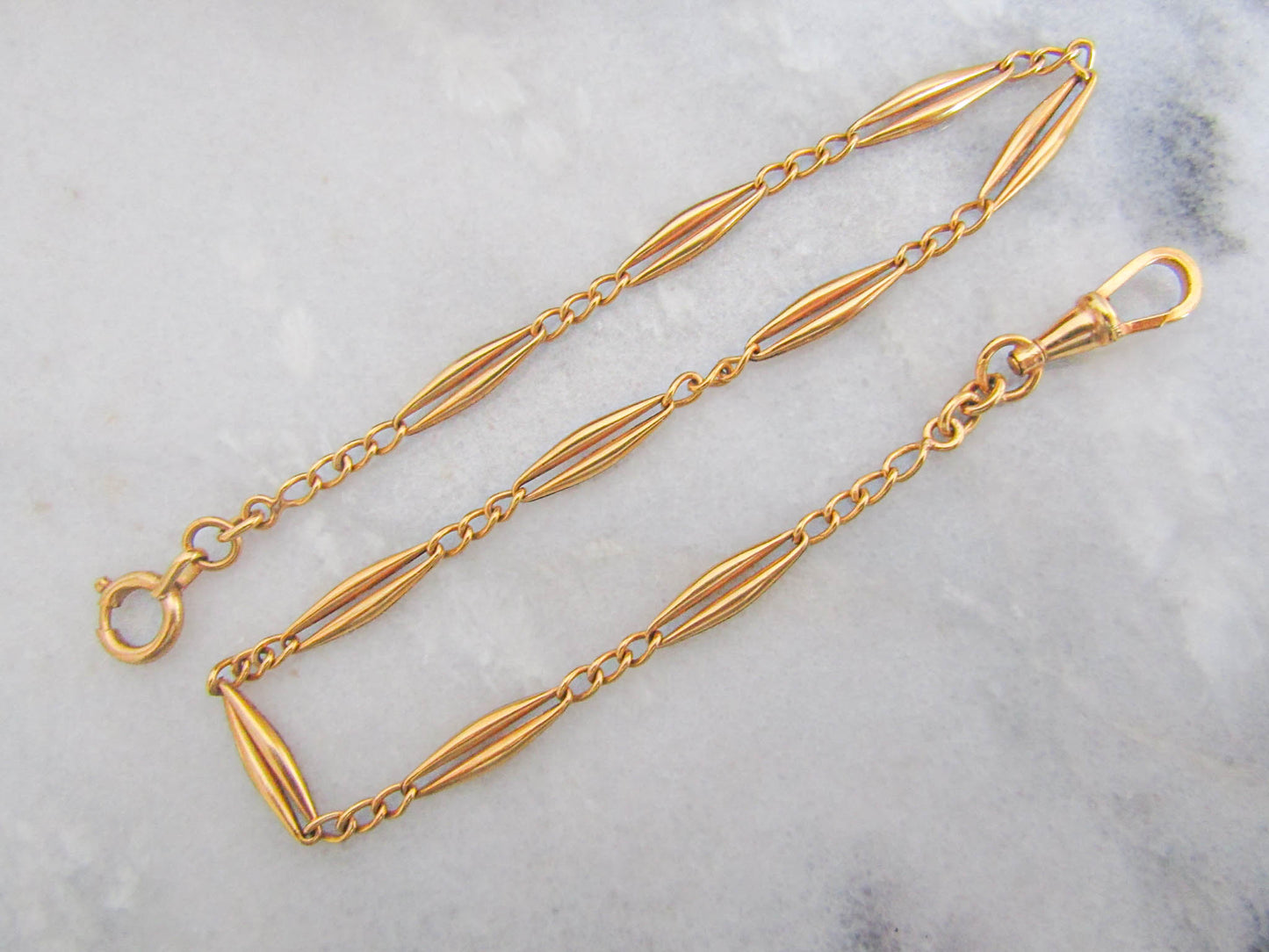 Gold Filled Art Deco Watch Chain, Vintage French Necklace with Dog Clip Clasp and Bolt Ring