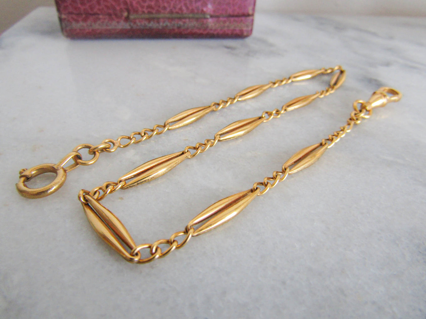 Gold Filled Art Deco Watch Chain, Vintage French Necklace with Dog Clip Clasp and Bolt Ring