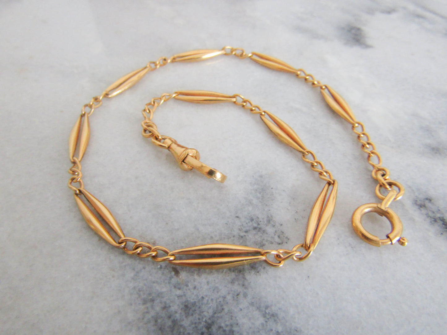 Gold Filled Art Deco Watch Chain, Vintage French Necklace with Dog Clip Clasp and Bolt Ring