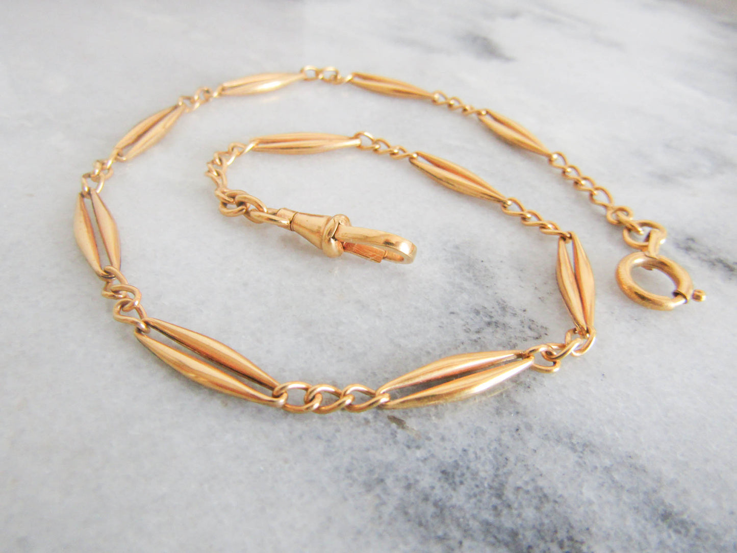 Gold Filled Art Deco Watch Chain, Vintage French Necklace with Dog Clip Clasp and Bolt Ring