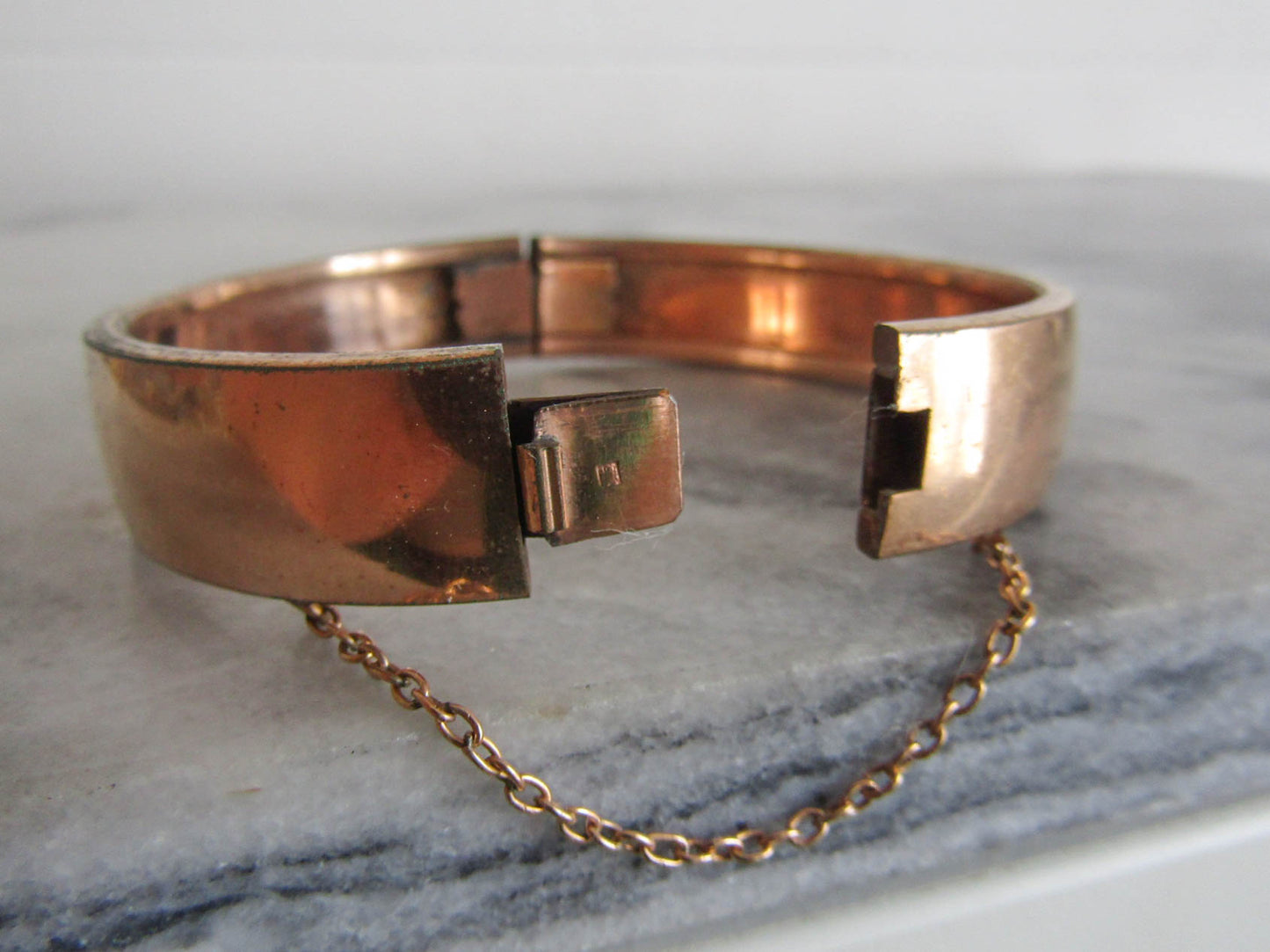 Antique Rose Gold Filled Victorian Bangle Bracelet, Belle Epoque Bracelet with Safety Chain