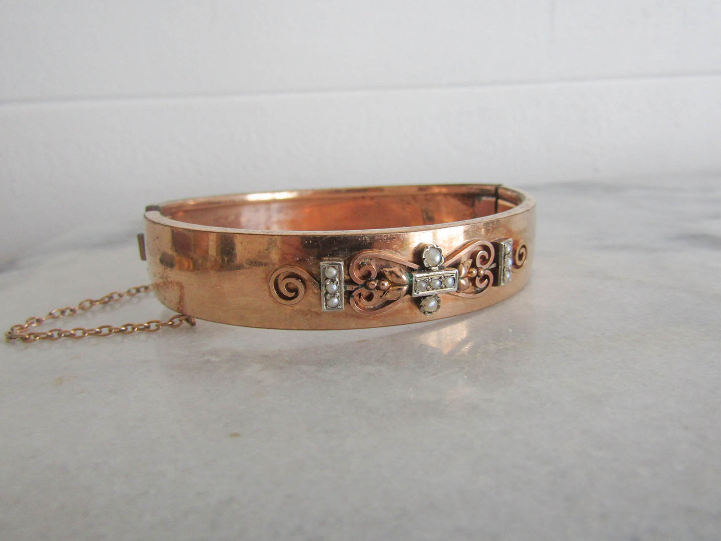 Antique Rose Gold Filled Victorian Bangle Bracelet, Belle Epoque Bracelet with Safety Chain