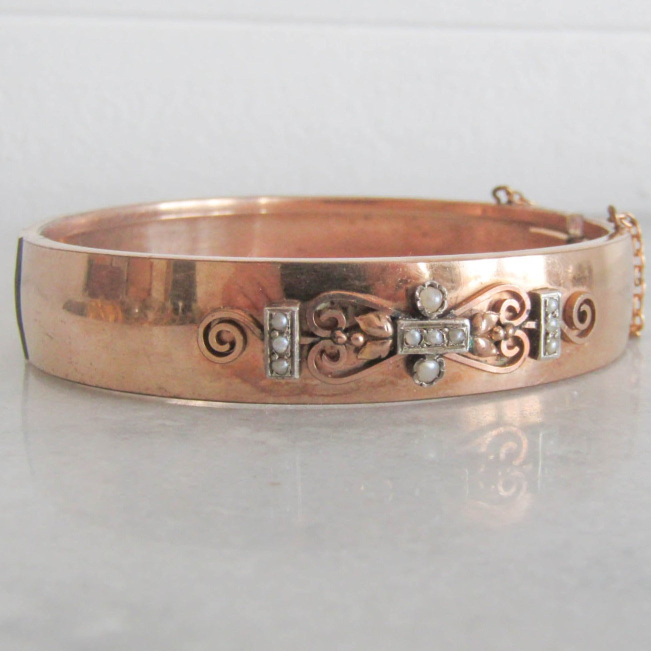 Antique Rose Gold Filled Victorian Bangle Bracelet, Belle Epoque Bracelet with Safety Chain