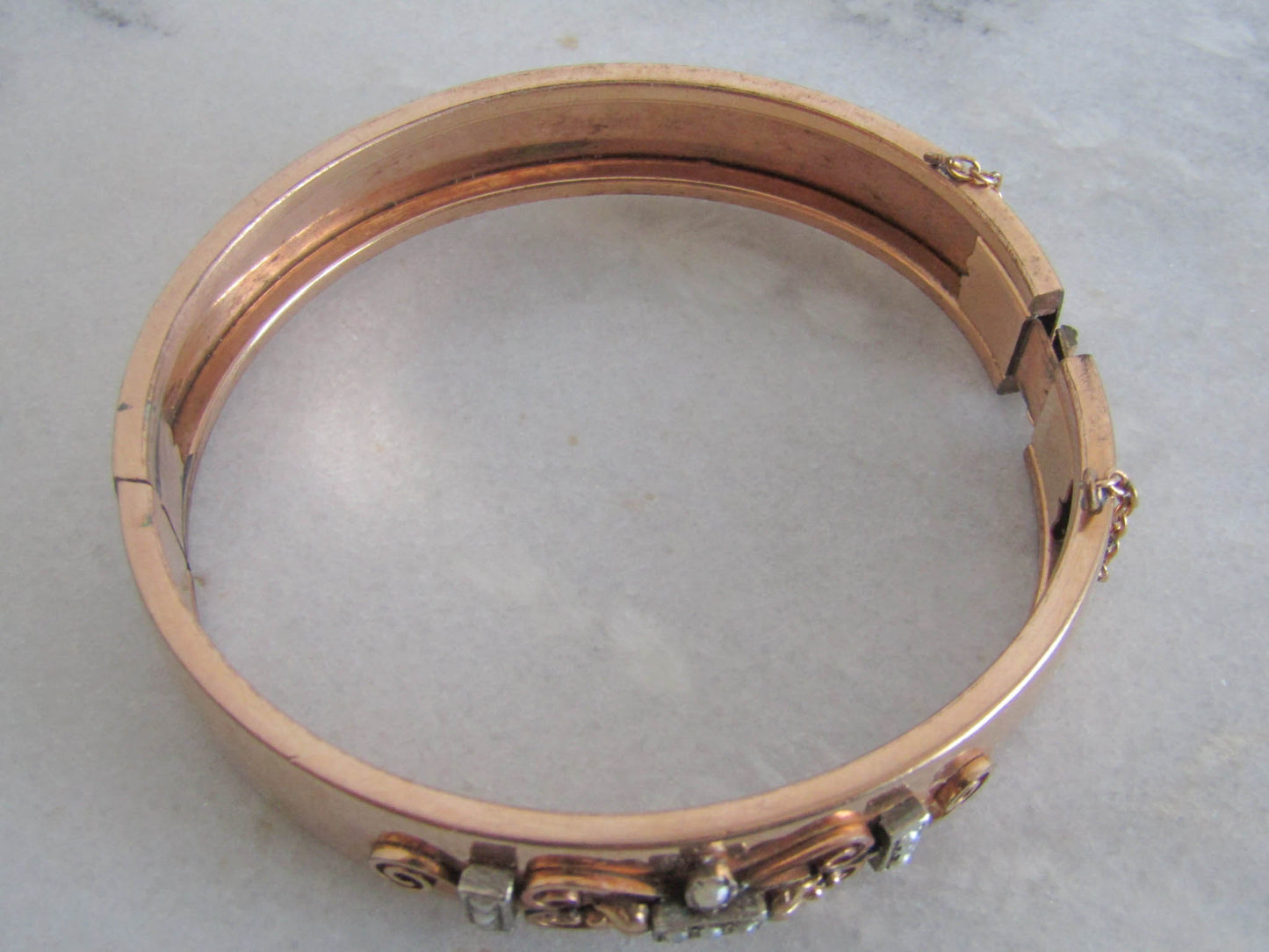 Antique Rose Gold Filled Victorian Bangle Bracelet, Belle Epoque Bracelet with Safety Chain