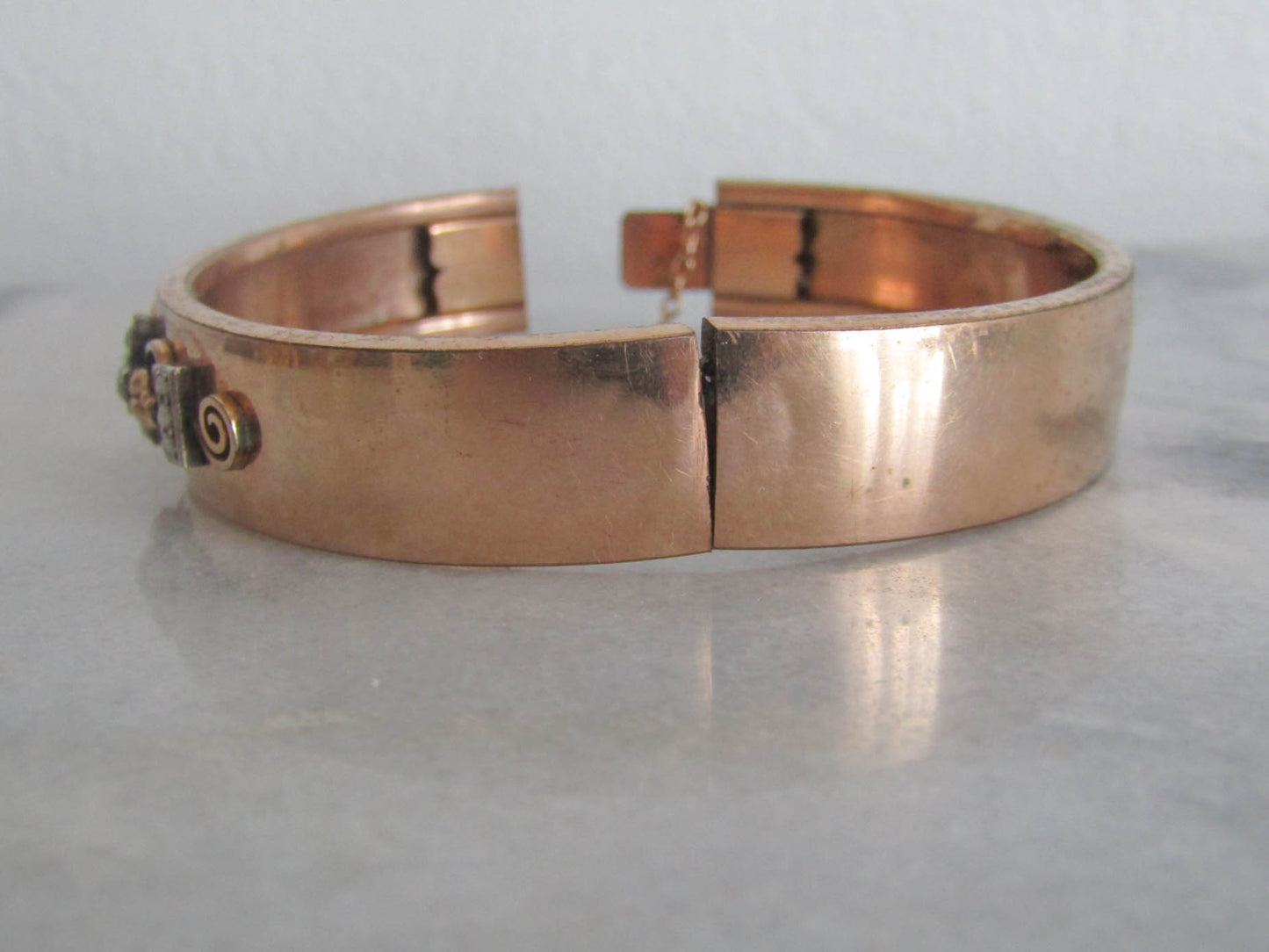 Antique Rose Gold Filled Victorian Bangle Bracelet, Belle Epoque Bracelet with Safety Chain