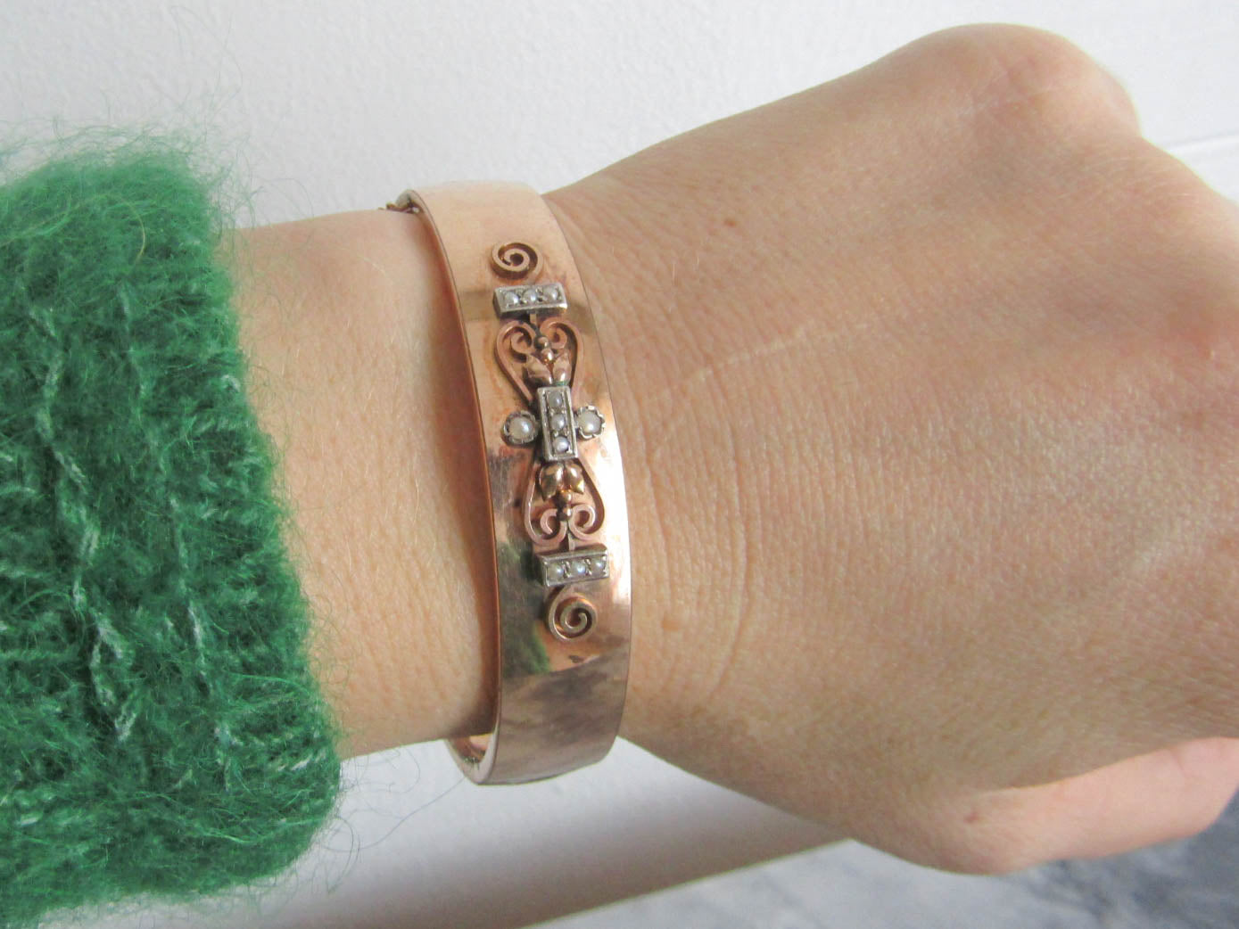 Antique Rose Gold Filled Victorian Bangle Bracelet, Belle Epoque Bracelet with Safety Chain