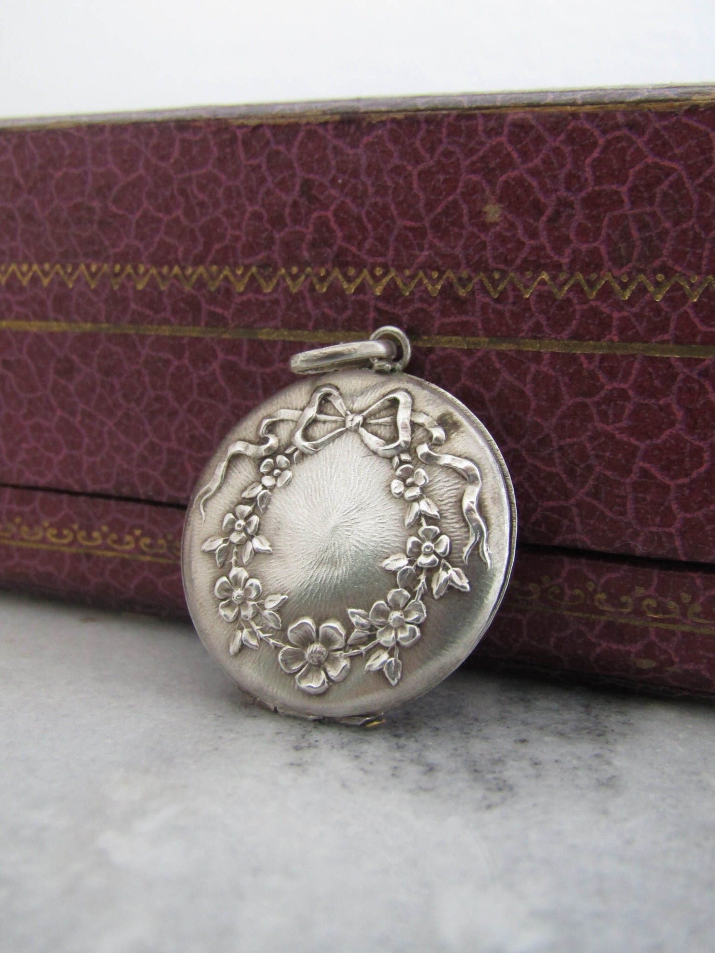 Antique Silver Art Nouveau Locket, Vintage Flower and Bow Edwardian Round Locket