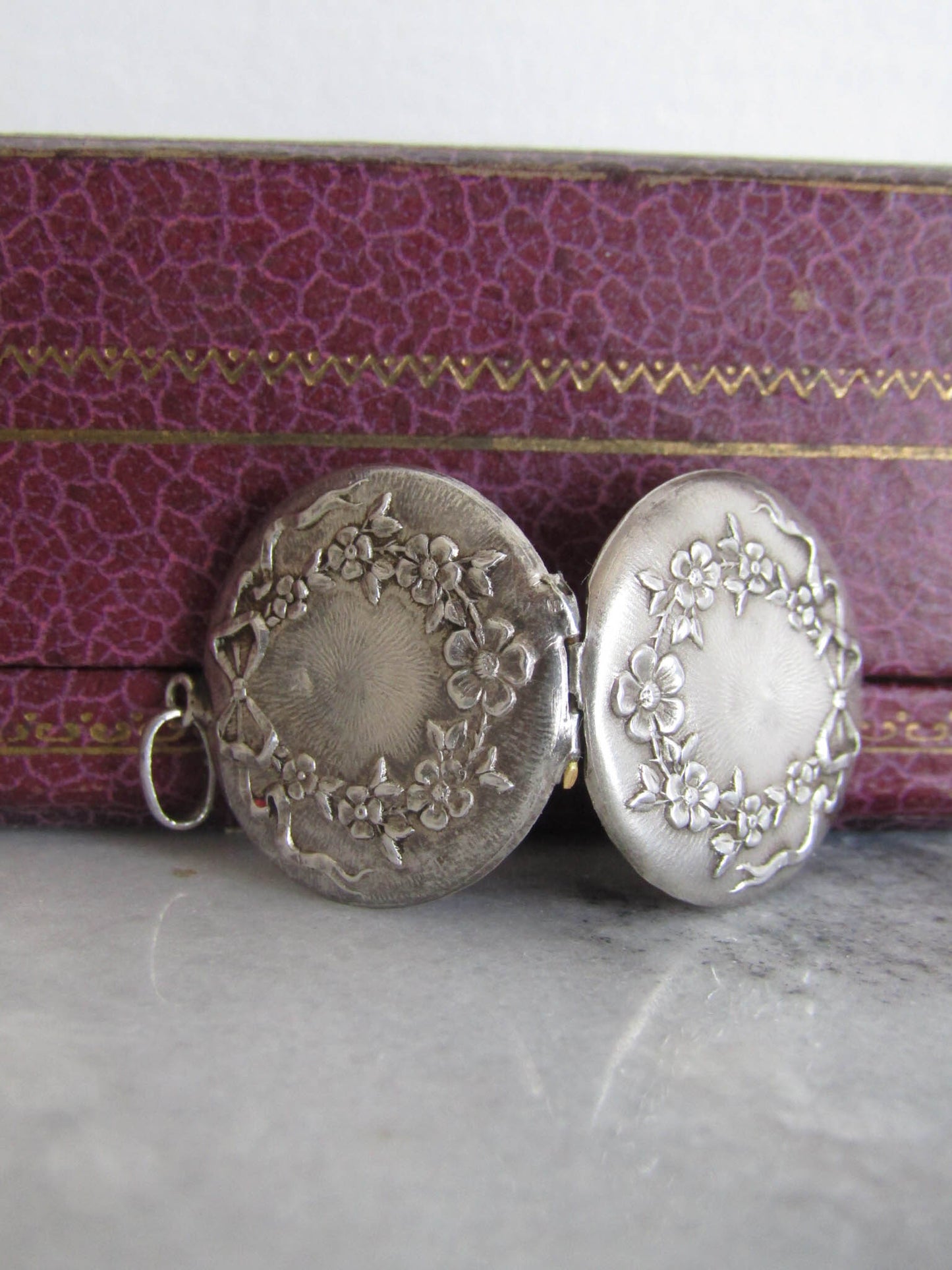 Antique Silver Art Nouveau Locket, Vintage Flower and Bow Edwardian Round Locket