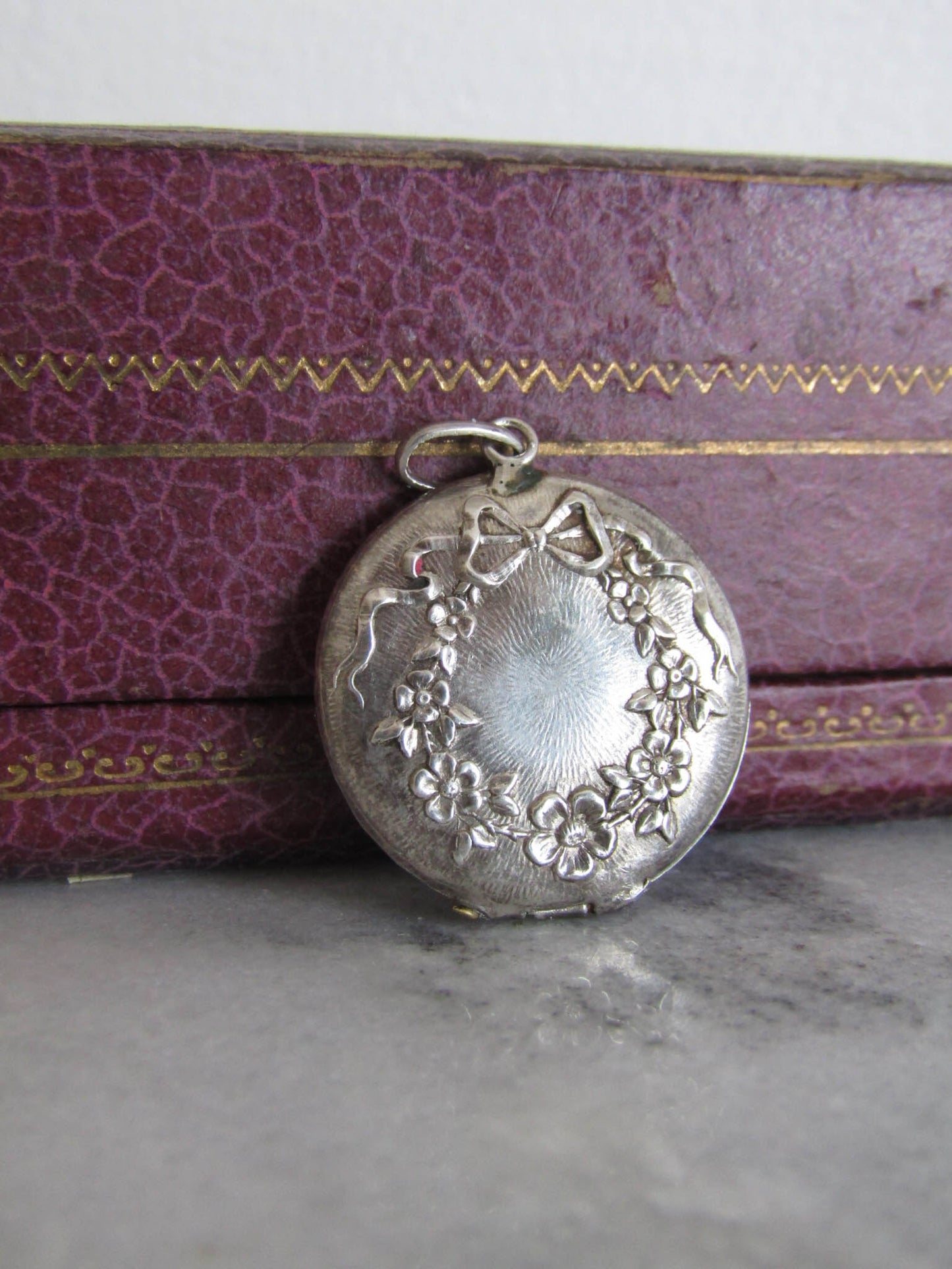 Antique Silver Art Nouveau Locket, Vintage Flower and Bow Edwardian Round Locket