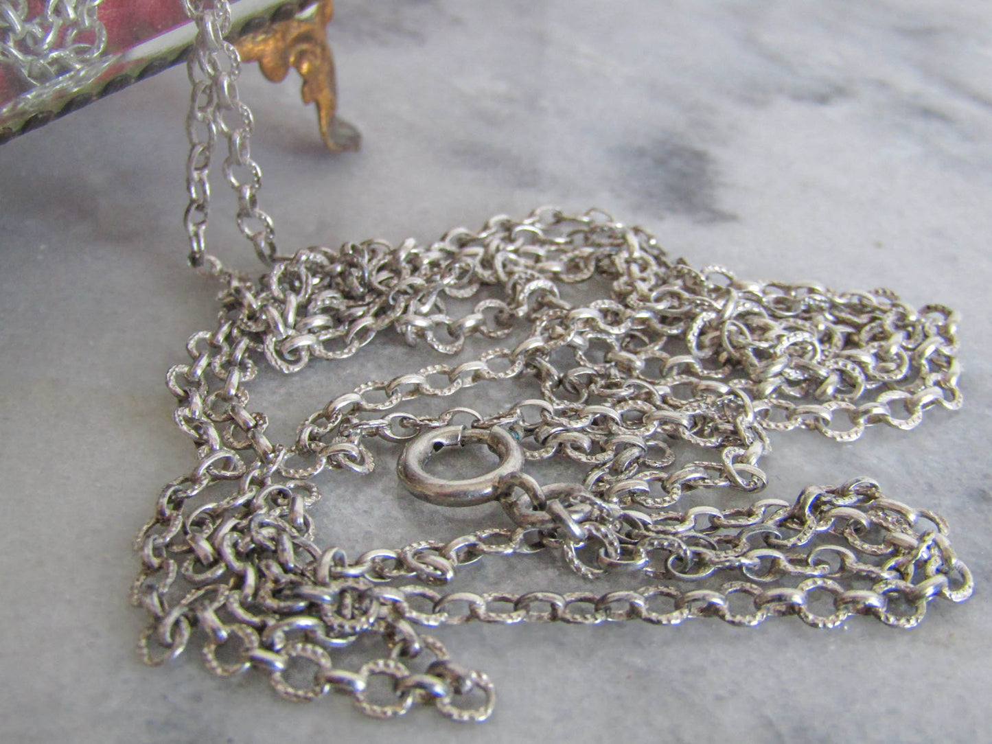 56" Antique Silver Long Guard Chain, Vintage Silver Textured Chain