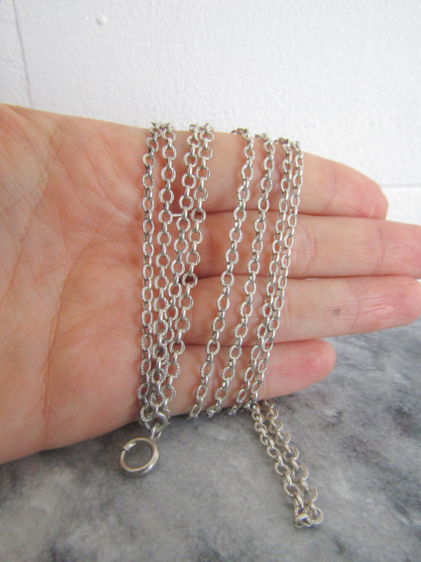 56" Antique Silver Long Guard Chain, Vintage Silver Textured Chain