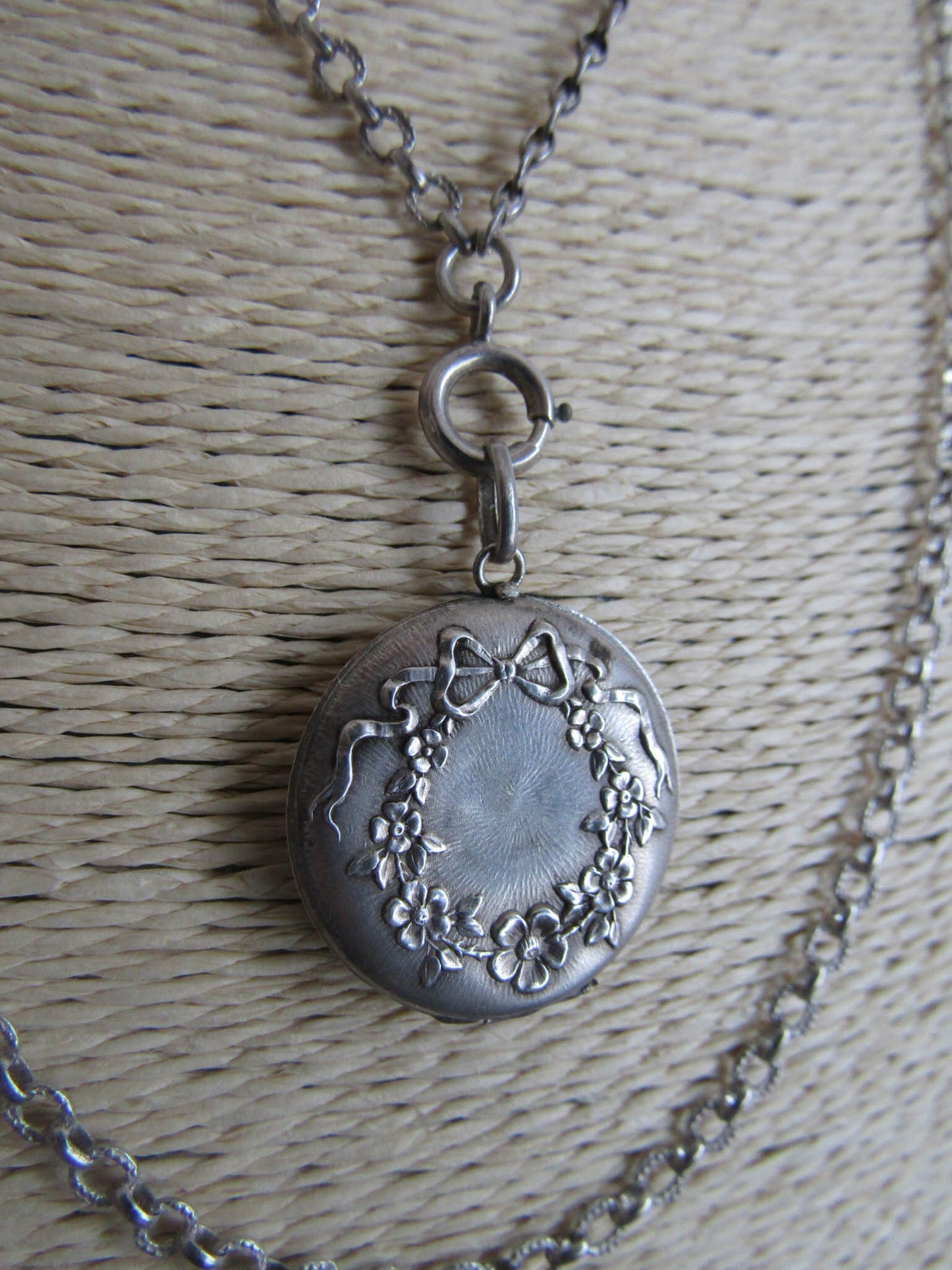 Antique Silver Art Nouveau Locket, Vintage Flower and Bow Edwardian Round Locket