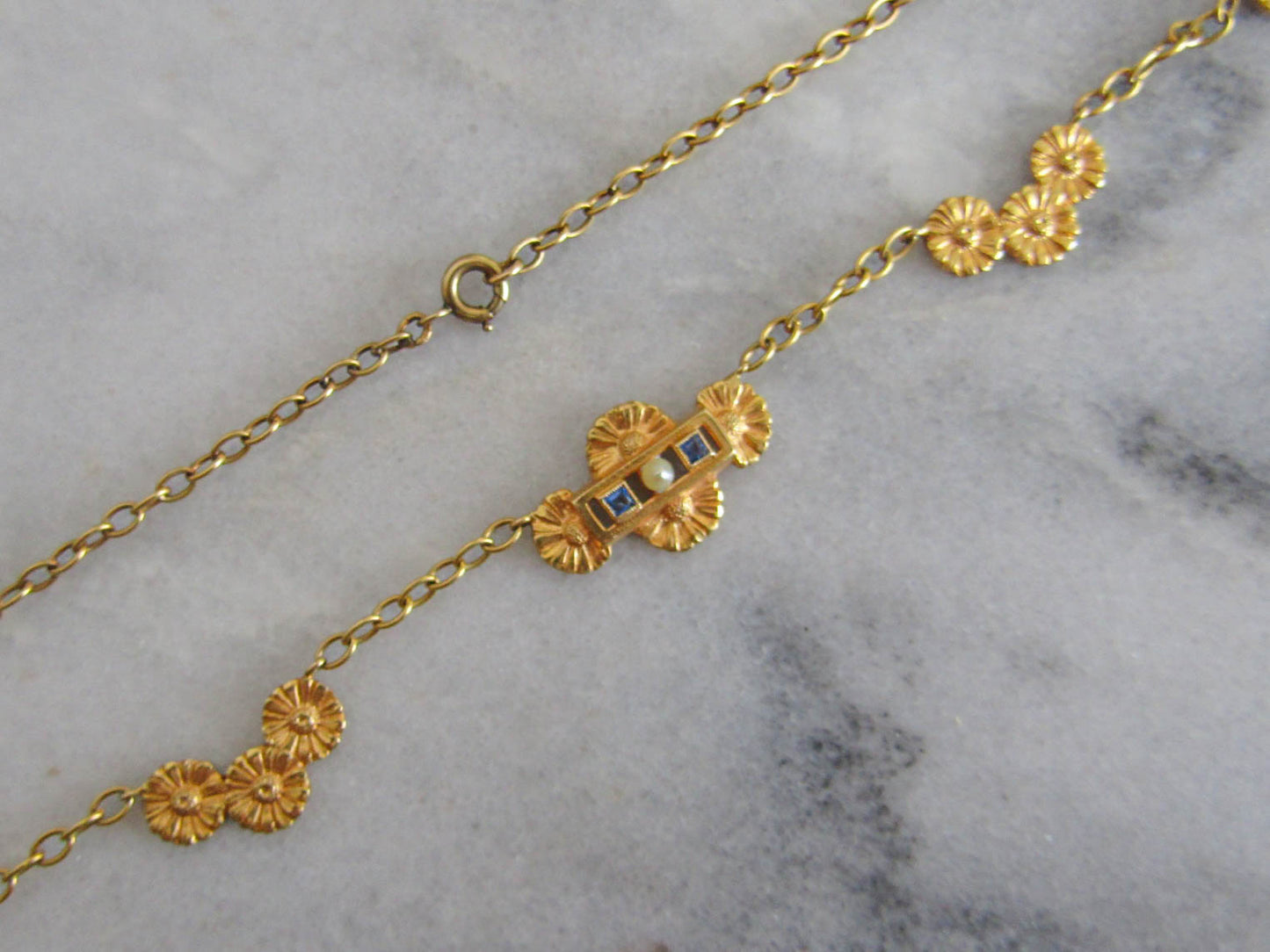 Solid 18K Gold Art Deco Sapphire Floral Drapery Necklace, Antique French Choker Necklace