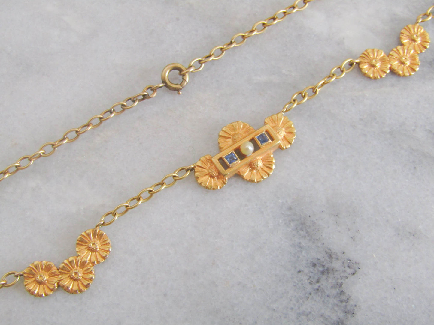 Solid 18K Gold Art Deco Sapphire Floral Drapery Necklace, Antique French Choker Necklace