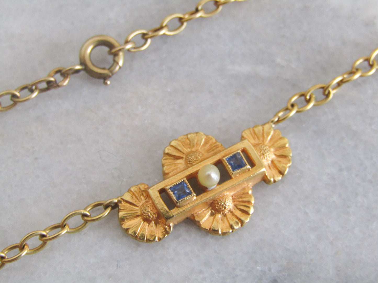 Solid 18K Gold Art Deco Sapphire Floral Drapery Necklace, Antique French Choker Necklace