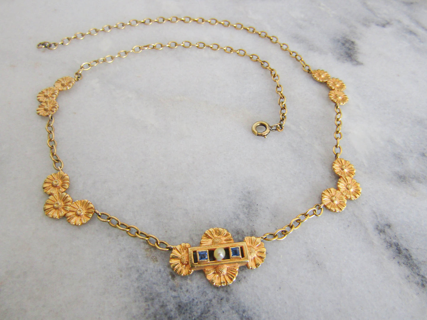 Solid 18K Gold Art Deco Sapphire Floral Drapery Necklace, Antique French Choker Necklace