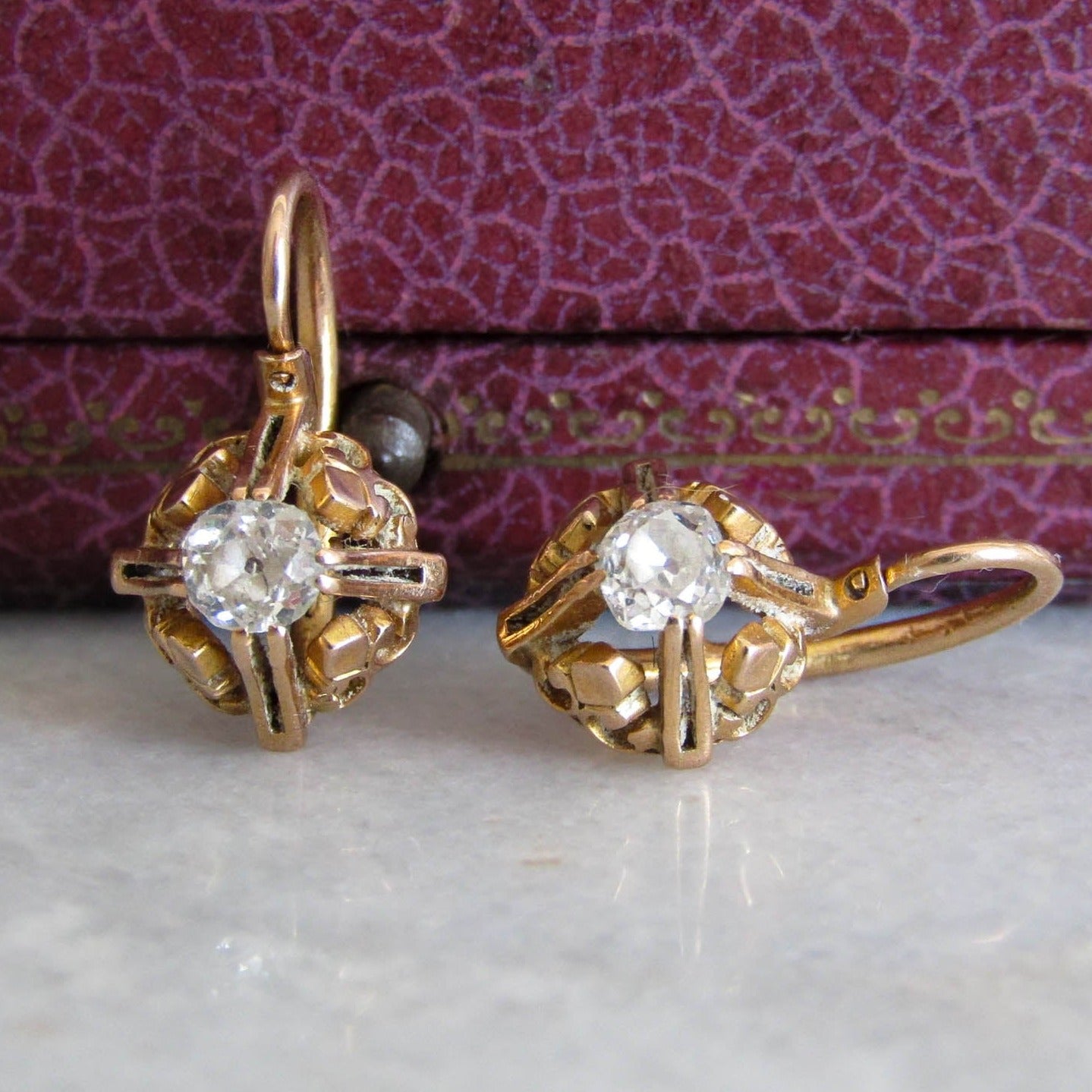 18K OMC Diamond Sleeper Earrings, Chunky Old Mine Cut Antique Victorian Belle Epoque Drop Earrings c. 1880