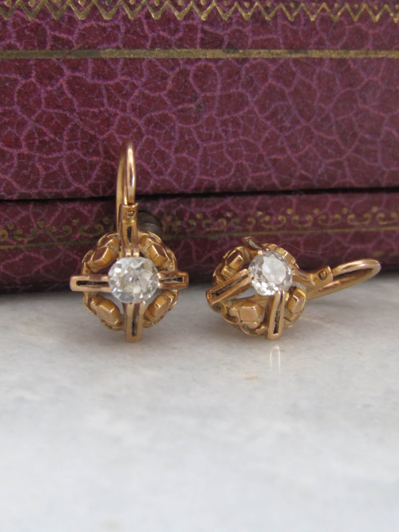 18K OMC Diamond Sleeper Earrings, Chunky Old Mine Cut Antique Victorian Belle Epoque Drop Earrings c. 1880