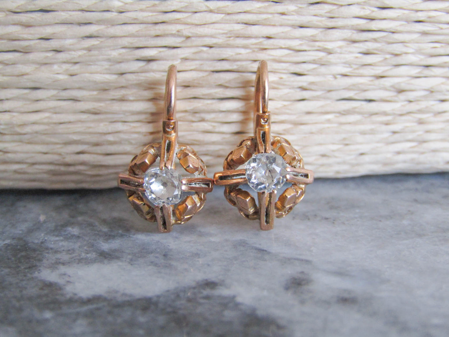 18K OMC Diamond Sleeper Earrings, Chunky Old Mine Cut Antique Victorian Belle Epoque Drop Earrings c. 1880